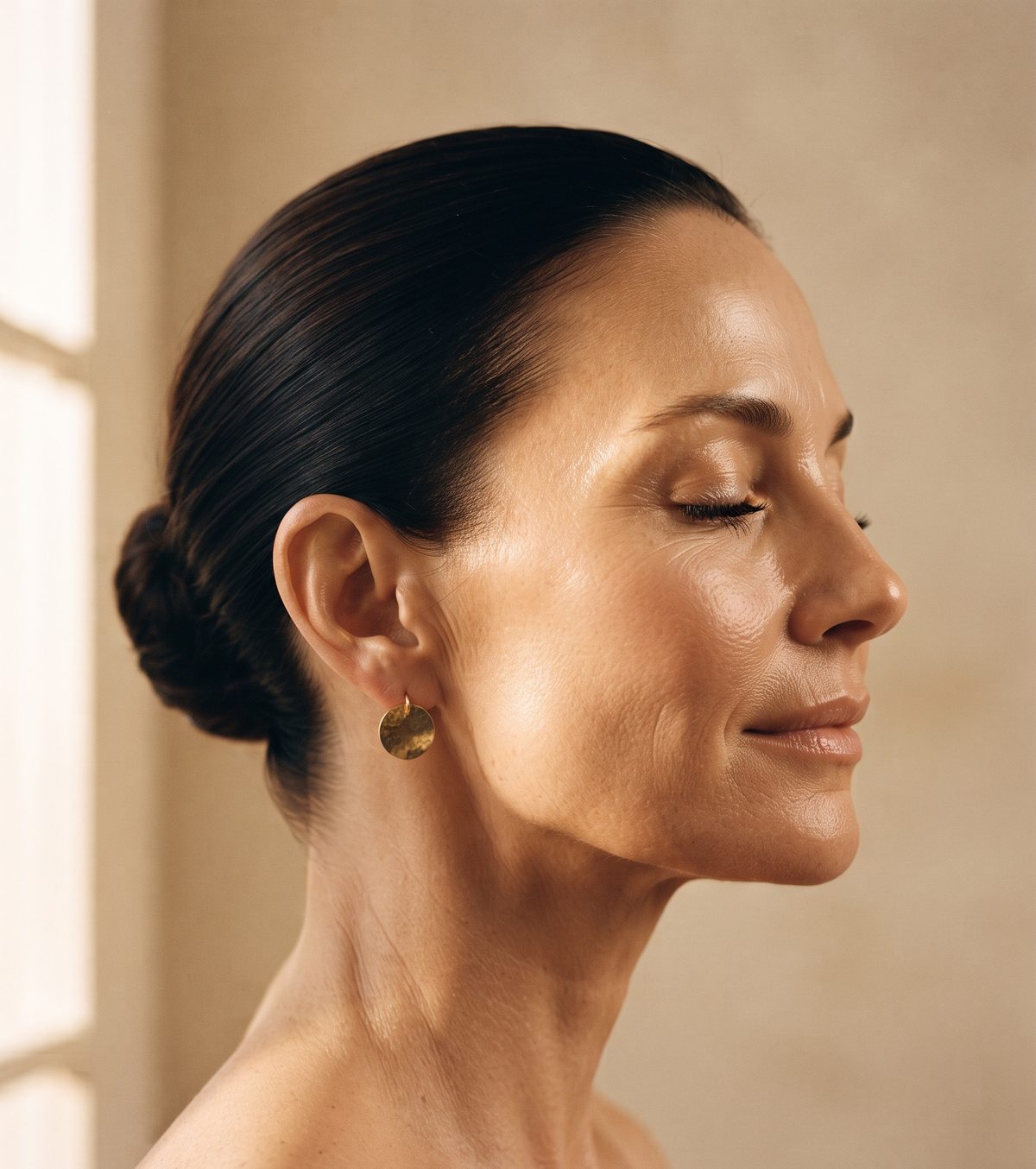 Perfil de uma mulher de olhos fechados, com a luz dourada realçando os traços do rosto